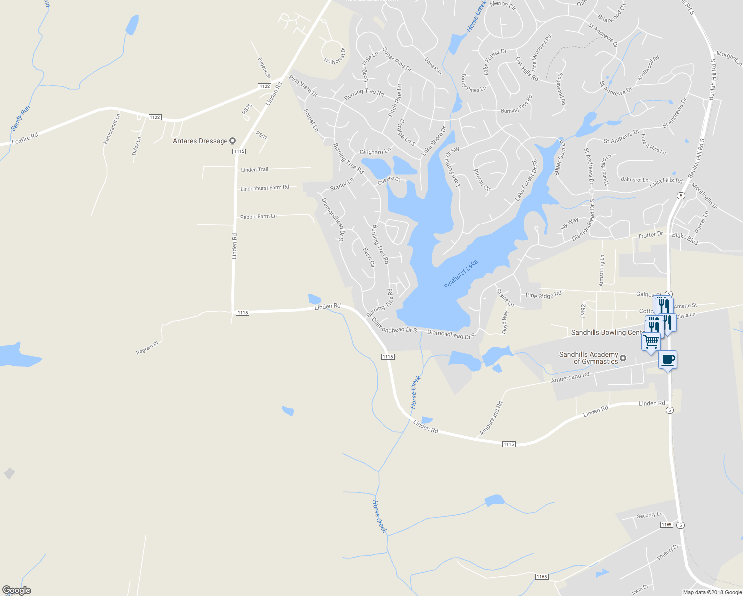 map of restaurants, bars, coffee shops, grocery stores, and more near 3 Pearl Ct in Pinehurst