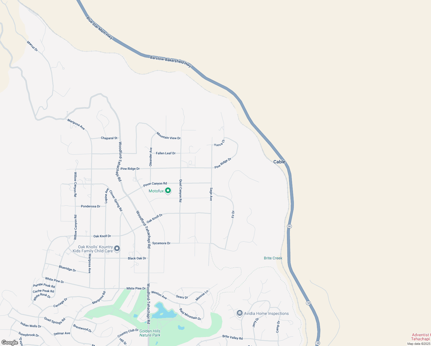 map of restaurants, bars, coffee shops, grocery stores, and more near 19908 Pine Ridge Drive in Tehachapi