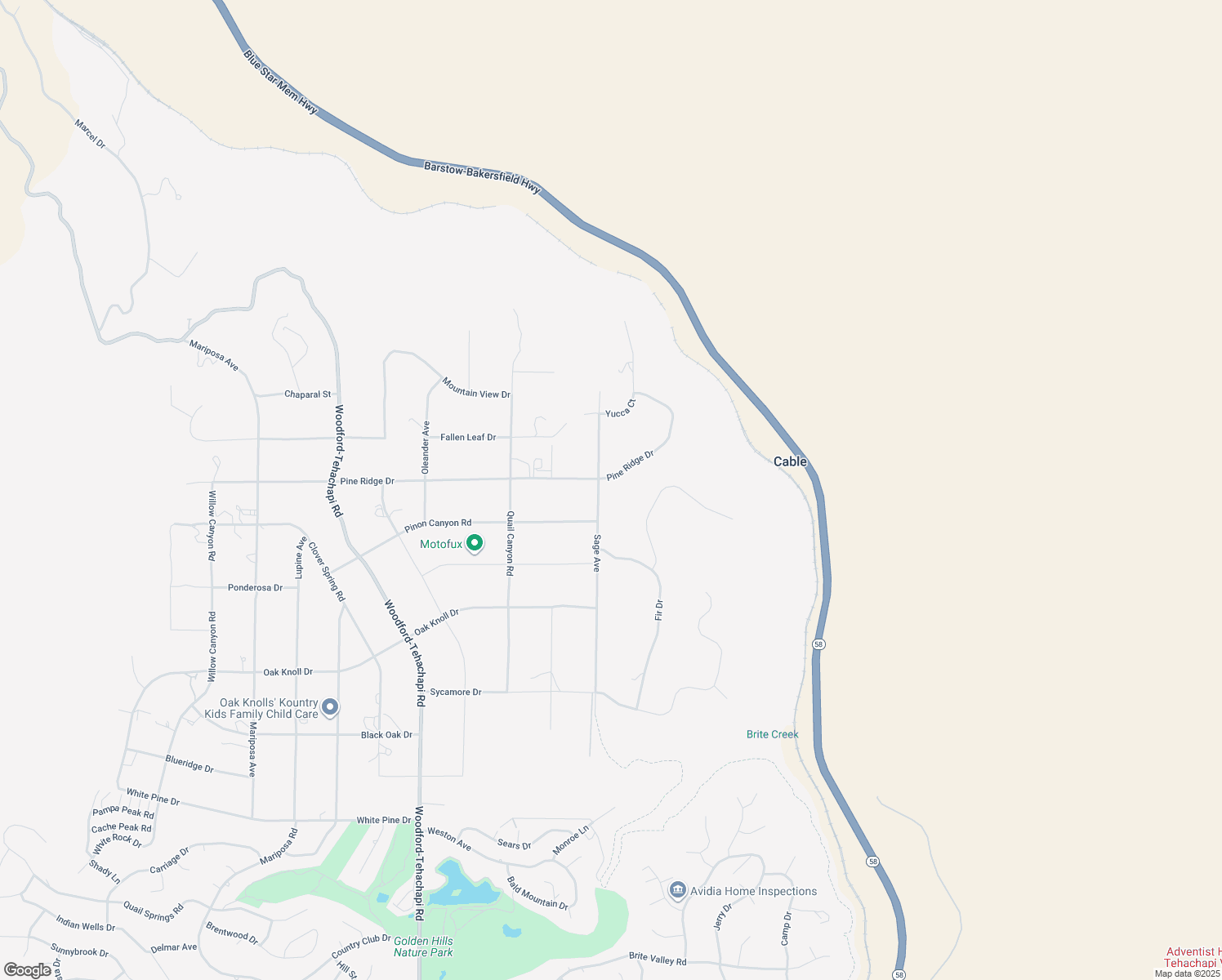 map of restaurants, bars, coffee shops, grocery stores, and more near 19908 Pine Ridge Drive in Tehachapi