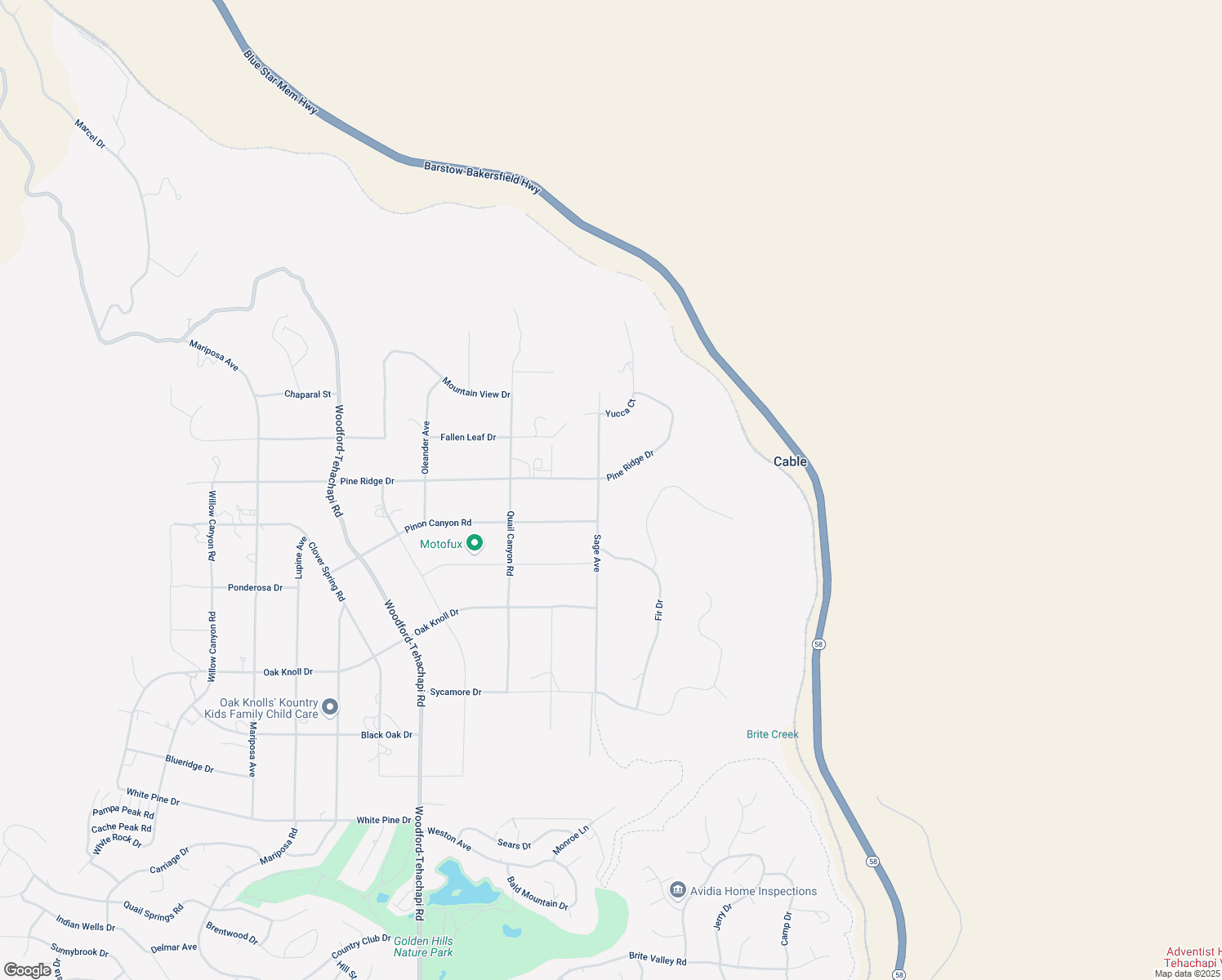 map of restaurants, bars, coffee shops, grocery stores, and more near 19908 Pine Ridge Drive in Tehachapi