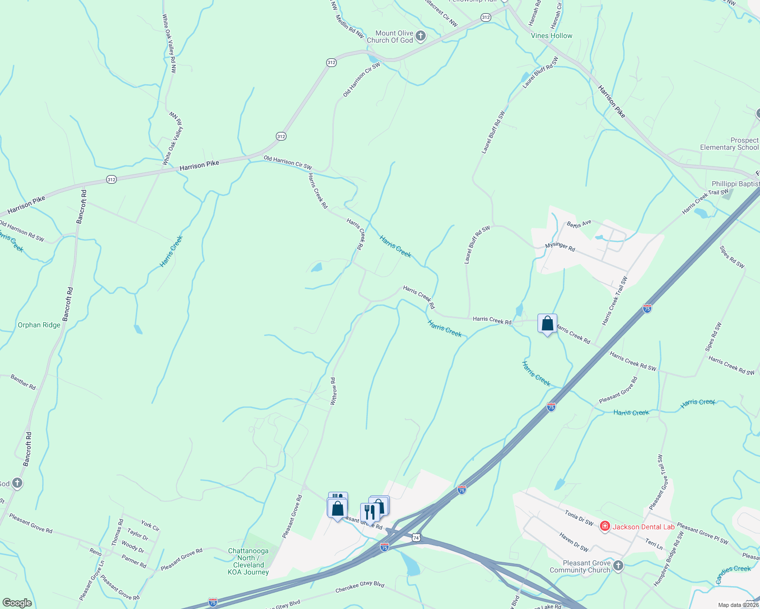 map of restaurants, bars, coffee shops, grocery stores, and more near 1459 Harris Creek Road in McDonald
