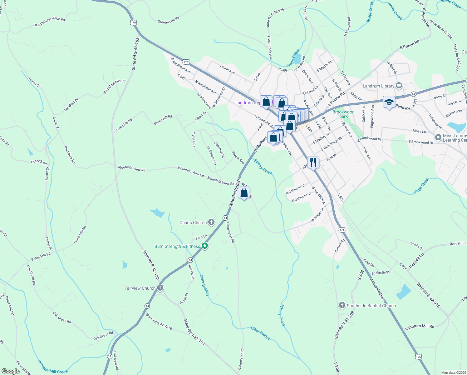 map of restaurants, bars, coffee shops, grocery stores, and more near 500 West Rutherford Street in Landrum