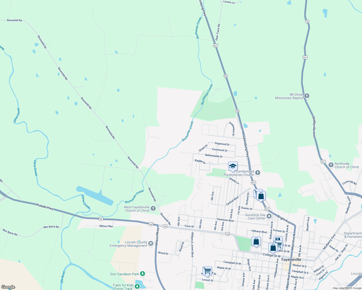 map of restaurants, bars, coffee shops, grocery stores, and more near 1020 Highland Drive in Fayetteville