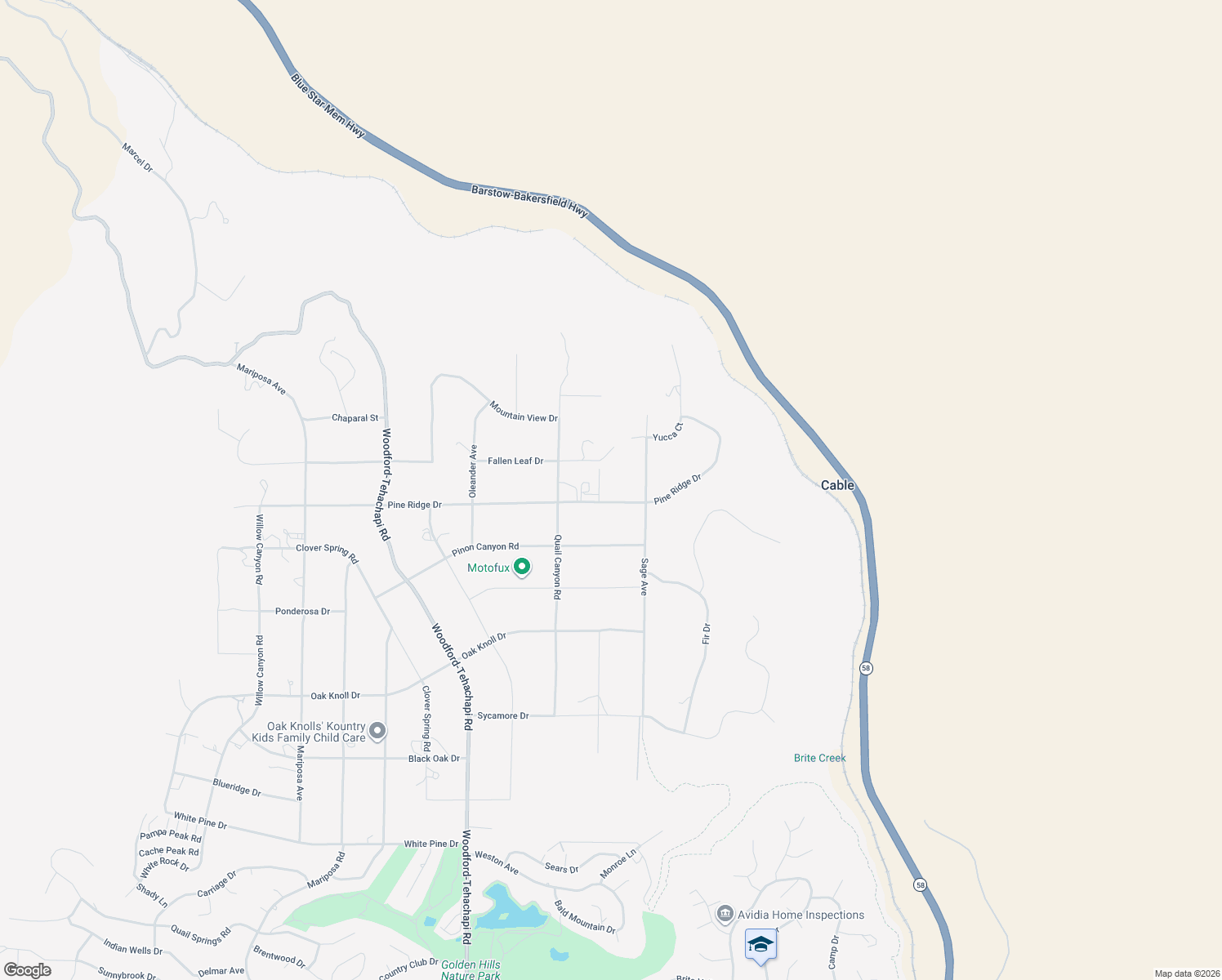 map of restaurants, bars, coffee shops, grocery stores, and more near 20013 Pine Ridge Drive in Tehachapi