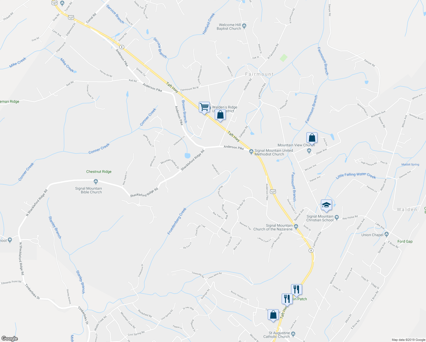 map of restaurants, bars, coffee shops, grocery stores, and more near 3009 Wingfield Court in Signal Mountain