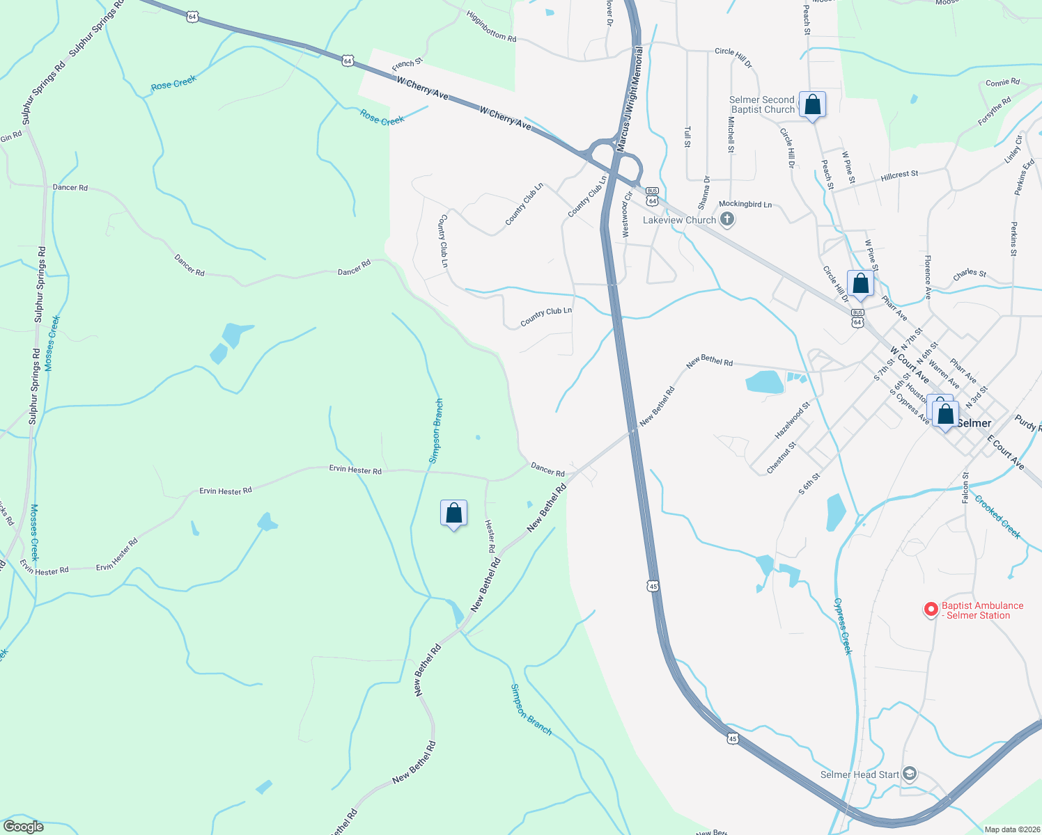 map of restaurants, bars, coffee shops, grocery stores, and more near 337 Dancer Road in Selmer