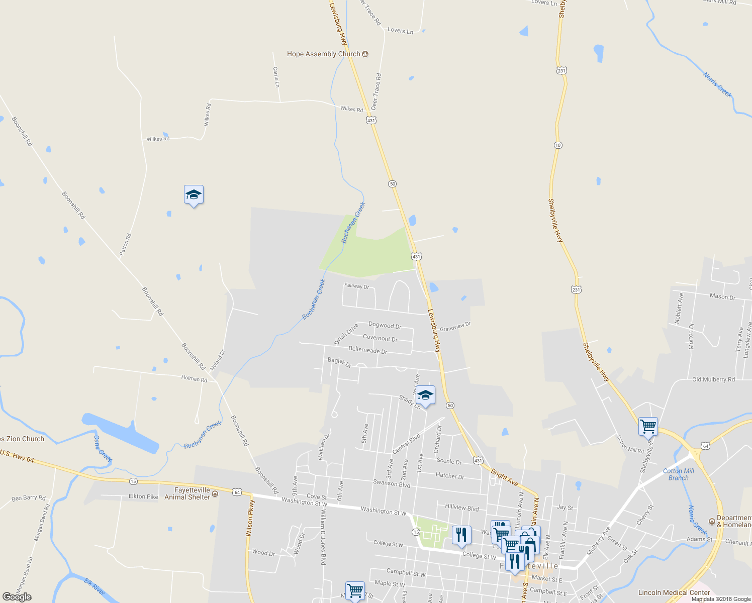 map of restaurants, bars, coffee shops, grocery stores, and more near 843 Fairway Drive in Fayetteville