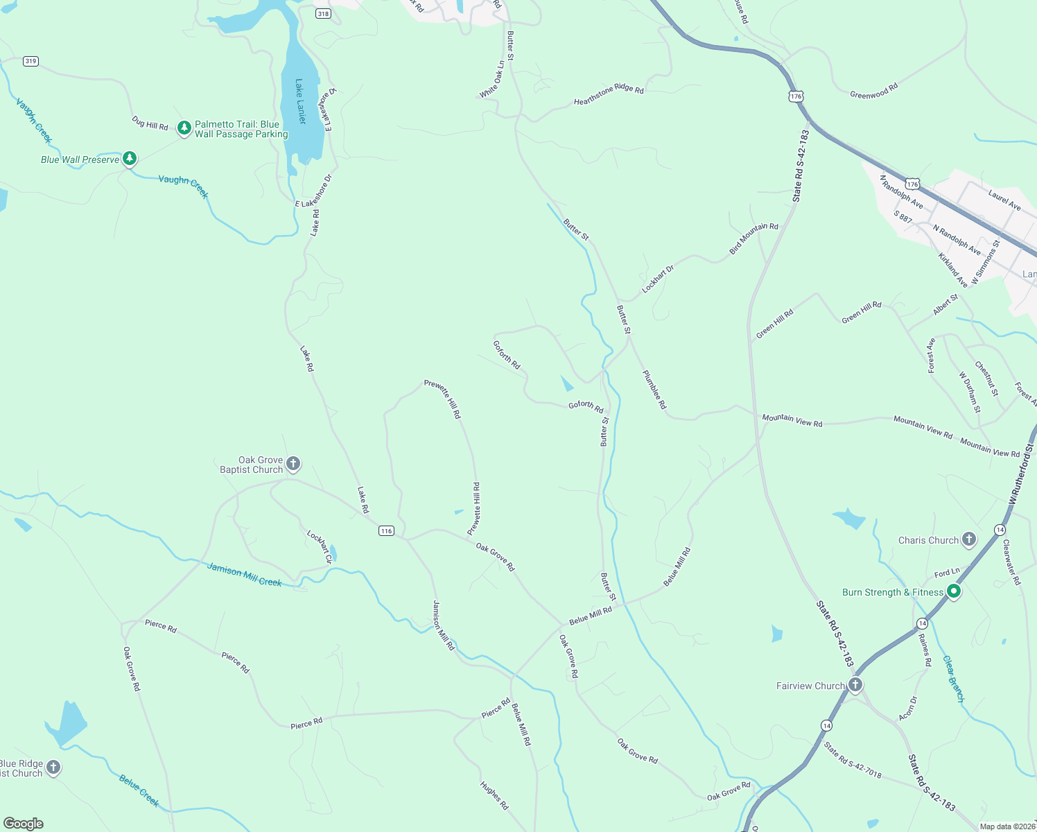map of restaurants, bars, coffee shops, grocery stores, and more near 121 Goforth Road in Landrum