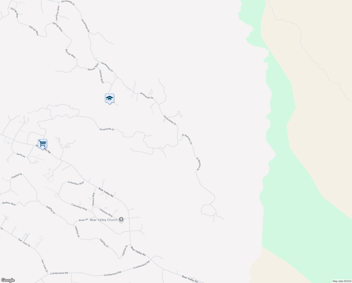 map of restaurants, bars, coffee shops, grocery stores, and more near 24281 Jacaranda Drive in Tehachapi