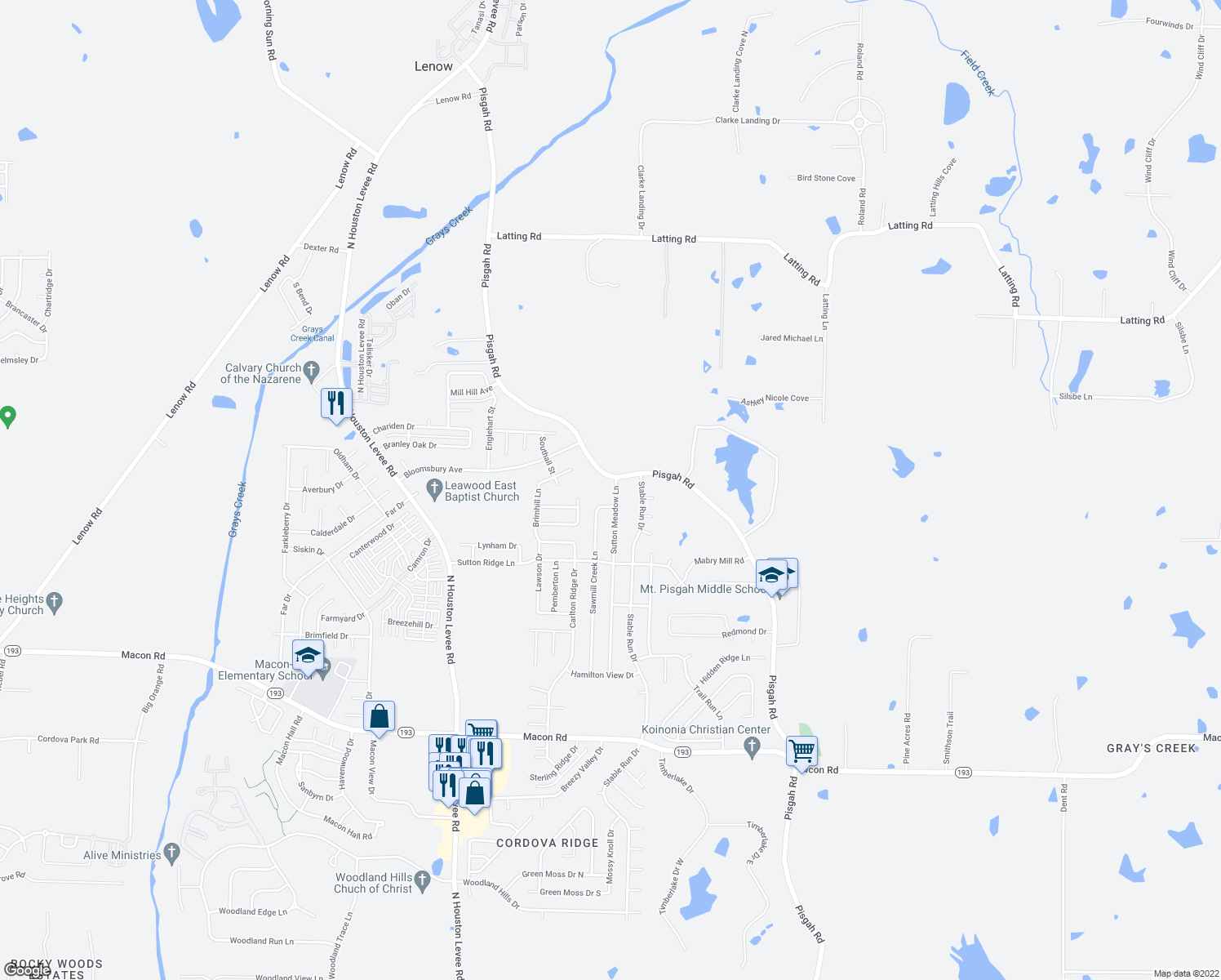 map of restaurants, bars, coffee shops, grocery stores, and more near 1653 Sutton Meadow Lane in Cordova