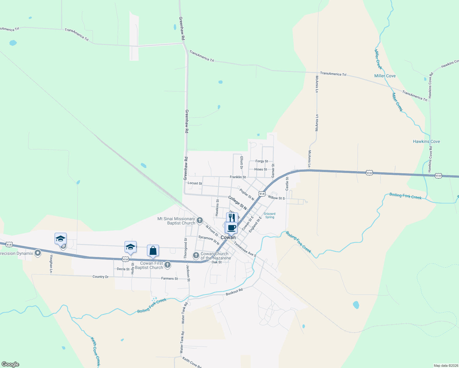 map of restaurants, bars, coffee shops, grocery stores, and more near 603 Montgomery Street in Cowan