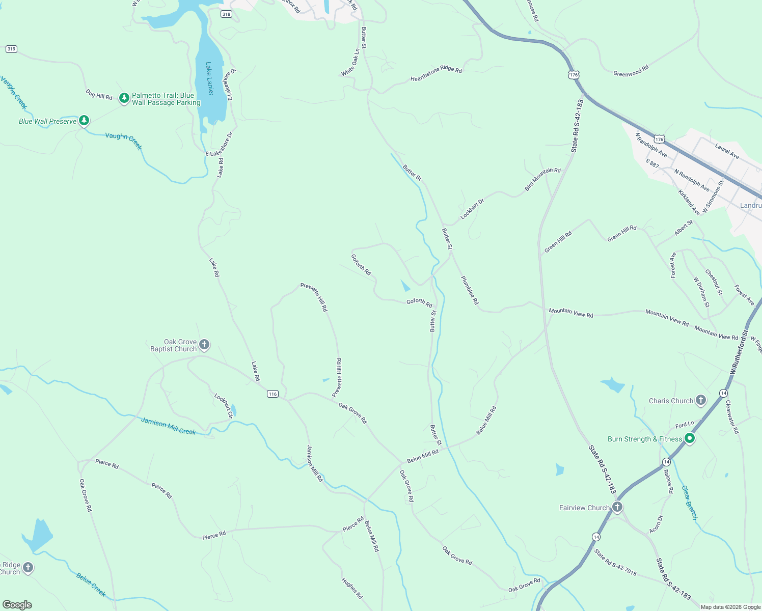 map of restaurants, bars, coffee shops, grocery stores, and more near 121 Goforth Road in Landrum