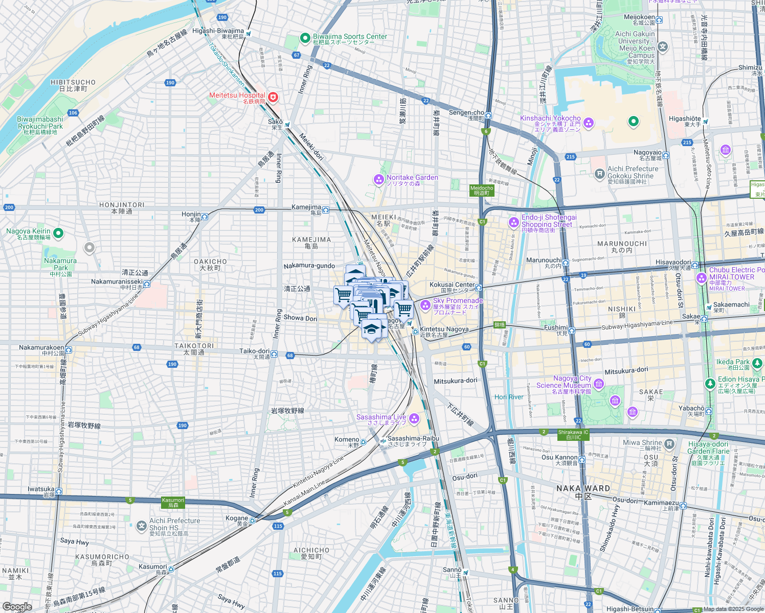 map of restaurants, bars, coffee shops, grocery stores, and more near in Nagoya