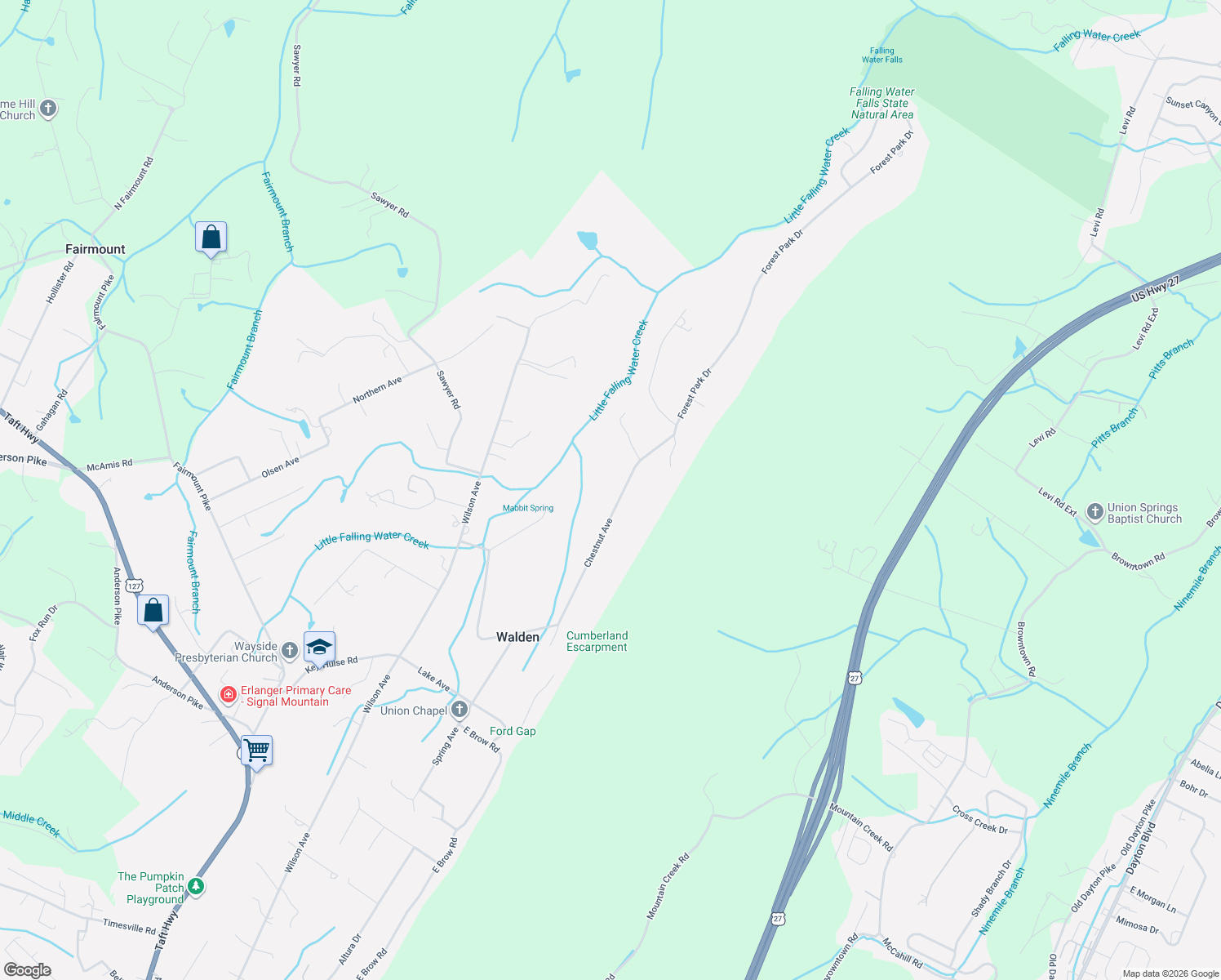 map of restaurants, bars, coffee shops, grocery stores, and more near 4911 Chestnut Avenue in Signal Mountain