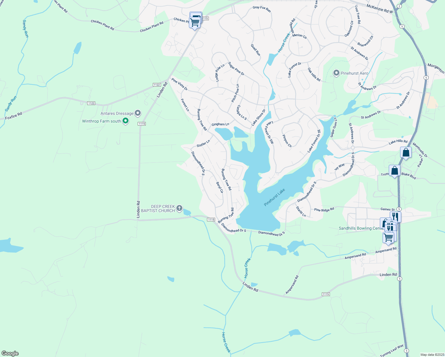 map of restaurants, bars, coffee shops, grocery stores, and more near 1245 Burning Tree Road in Pinehurst