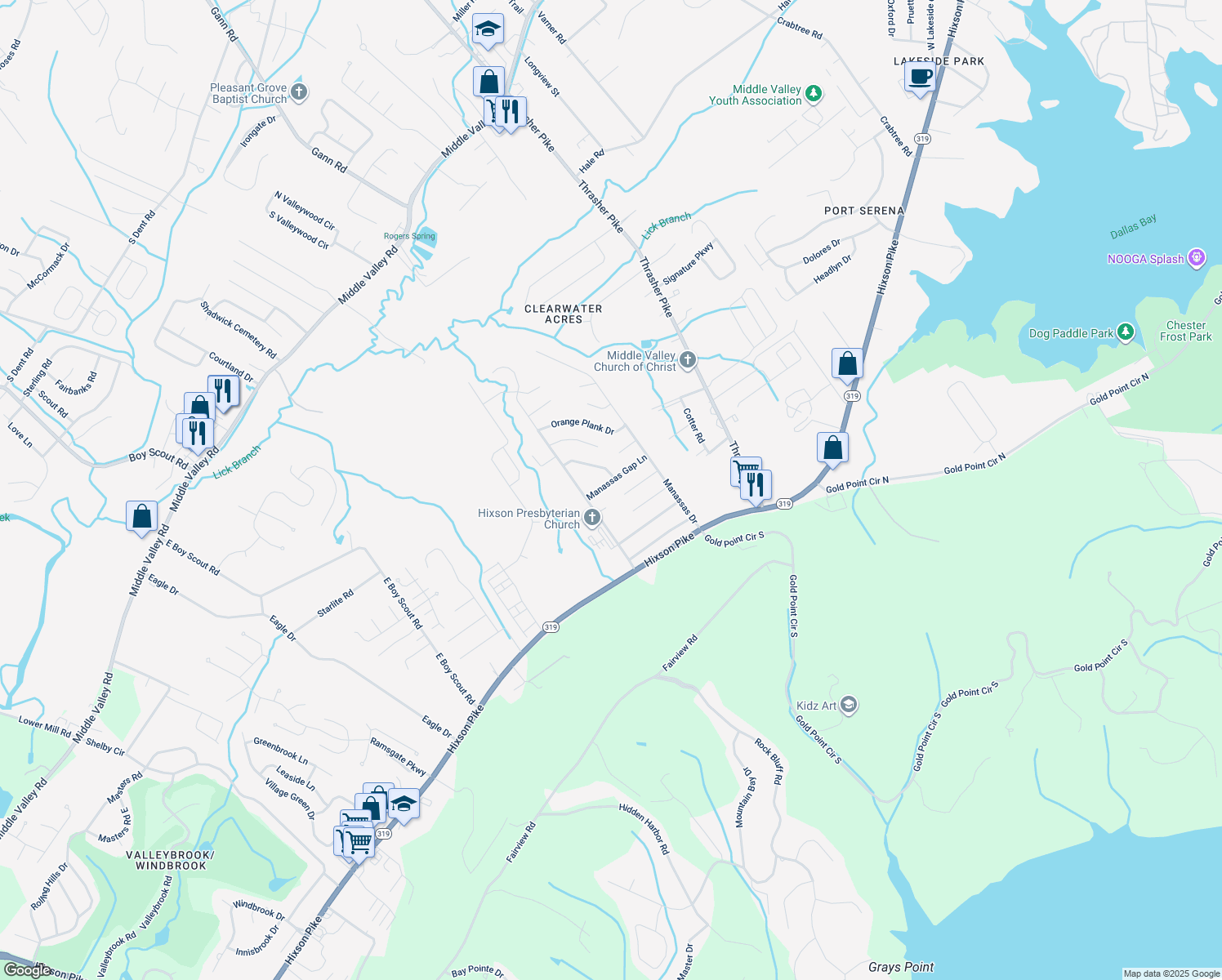 map of restaurants, bars, coffee shops, grocery stores, and more near 6830 Manassas Gap Lane in Middle Valley