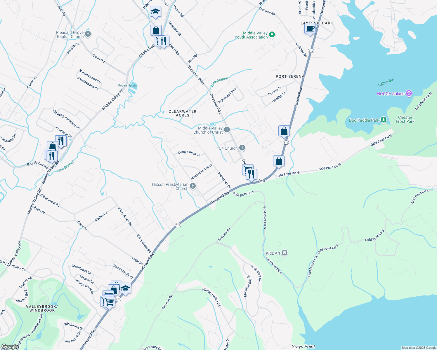 map of restaurants, bars, coffee shops, grocery stores, and more near 7093 Ely Ford Place in Hixson