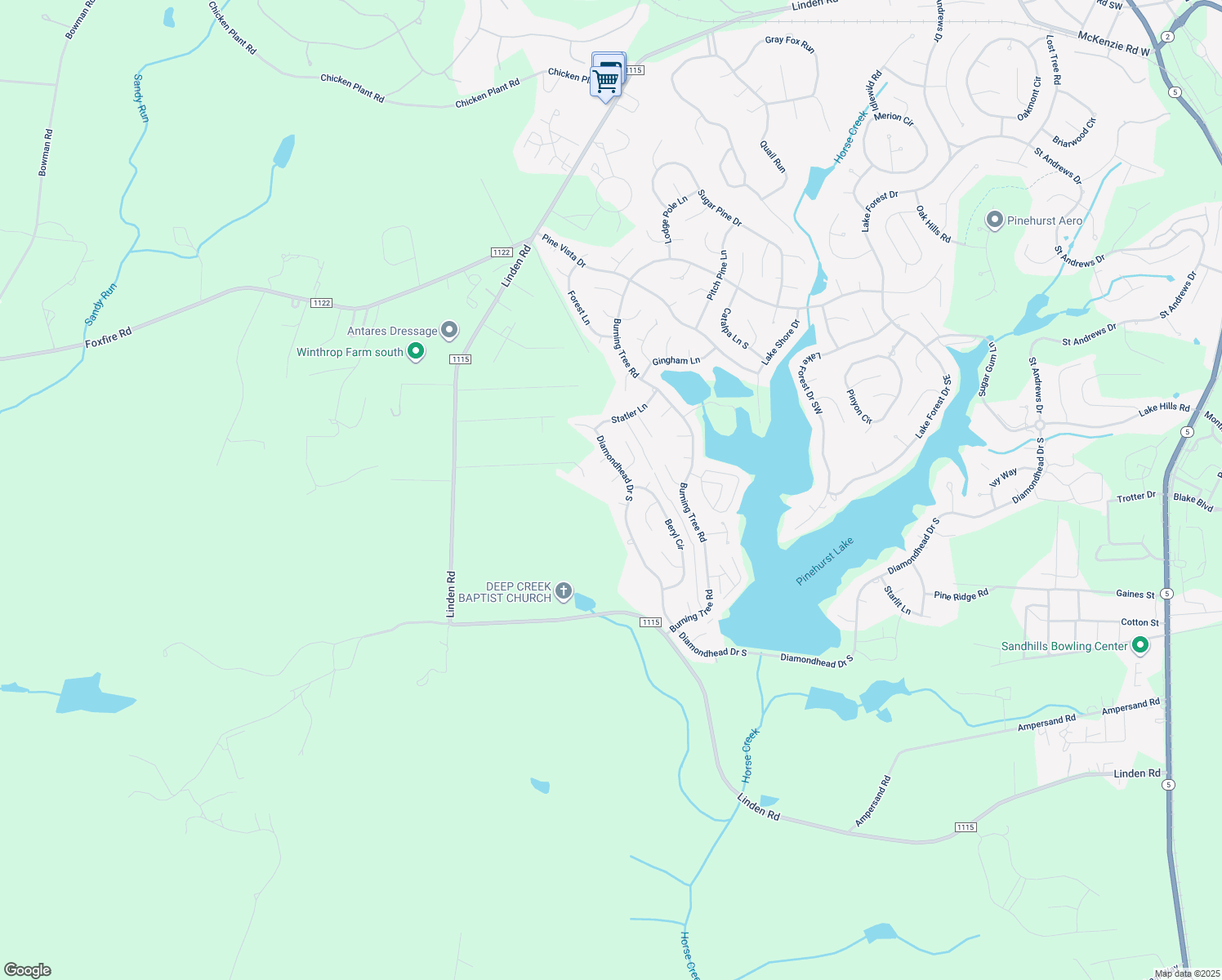 map of restaurants, bars, coffee shops, grocery stores, and more near 6 Beryl Lane in Pinehurst