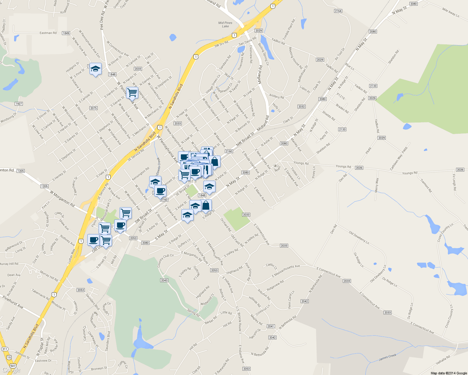 map of restaurants, bars, coffee shops, grocery stores, and more near 339 North May Street in Southern Pines