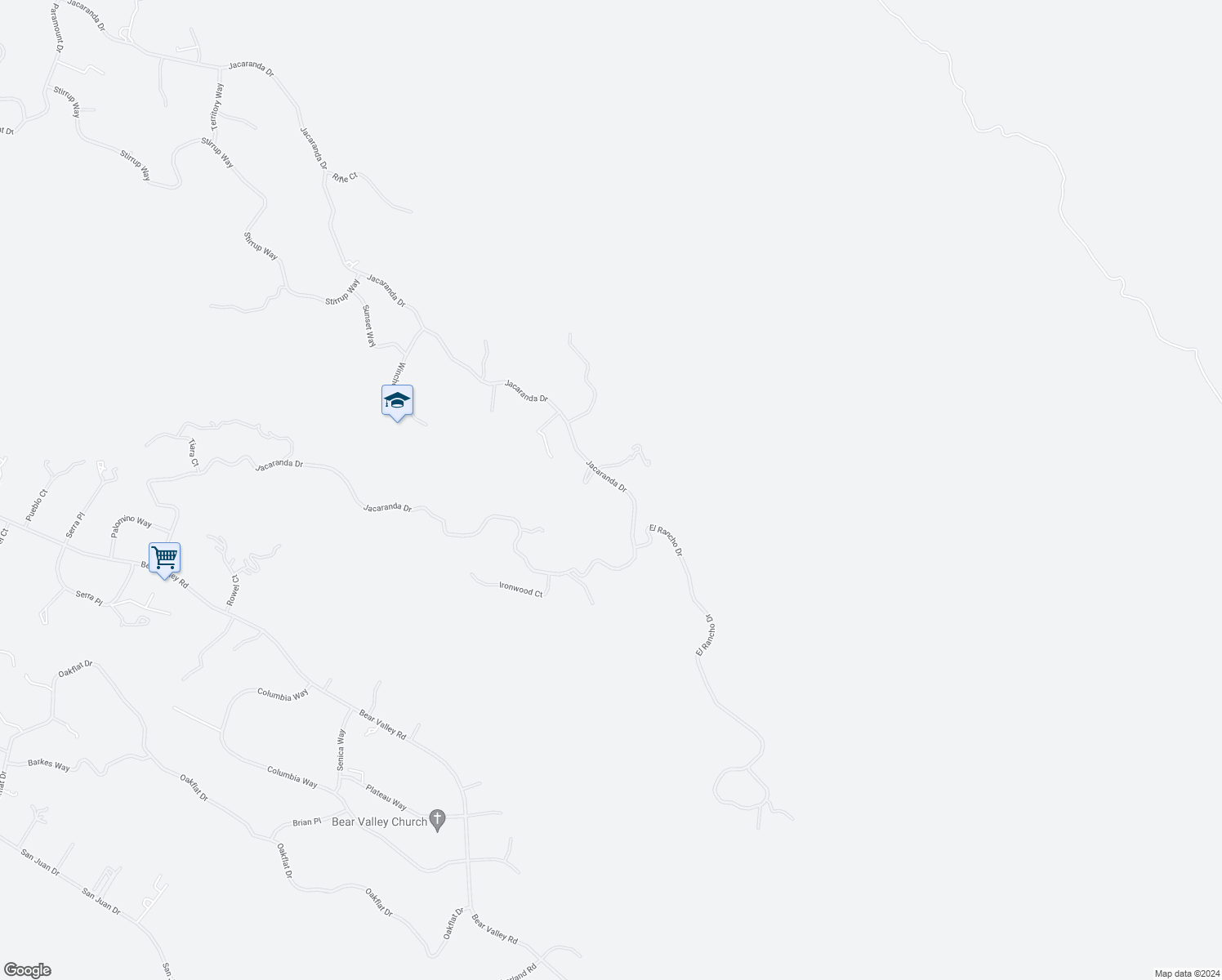 map of restaurants, bars, coffee shops, grocery stores, and more near 24381 Jacaranda Drive in Tehachapi