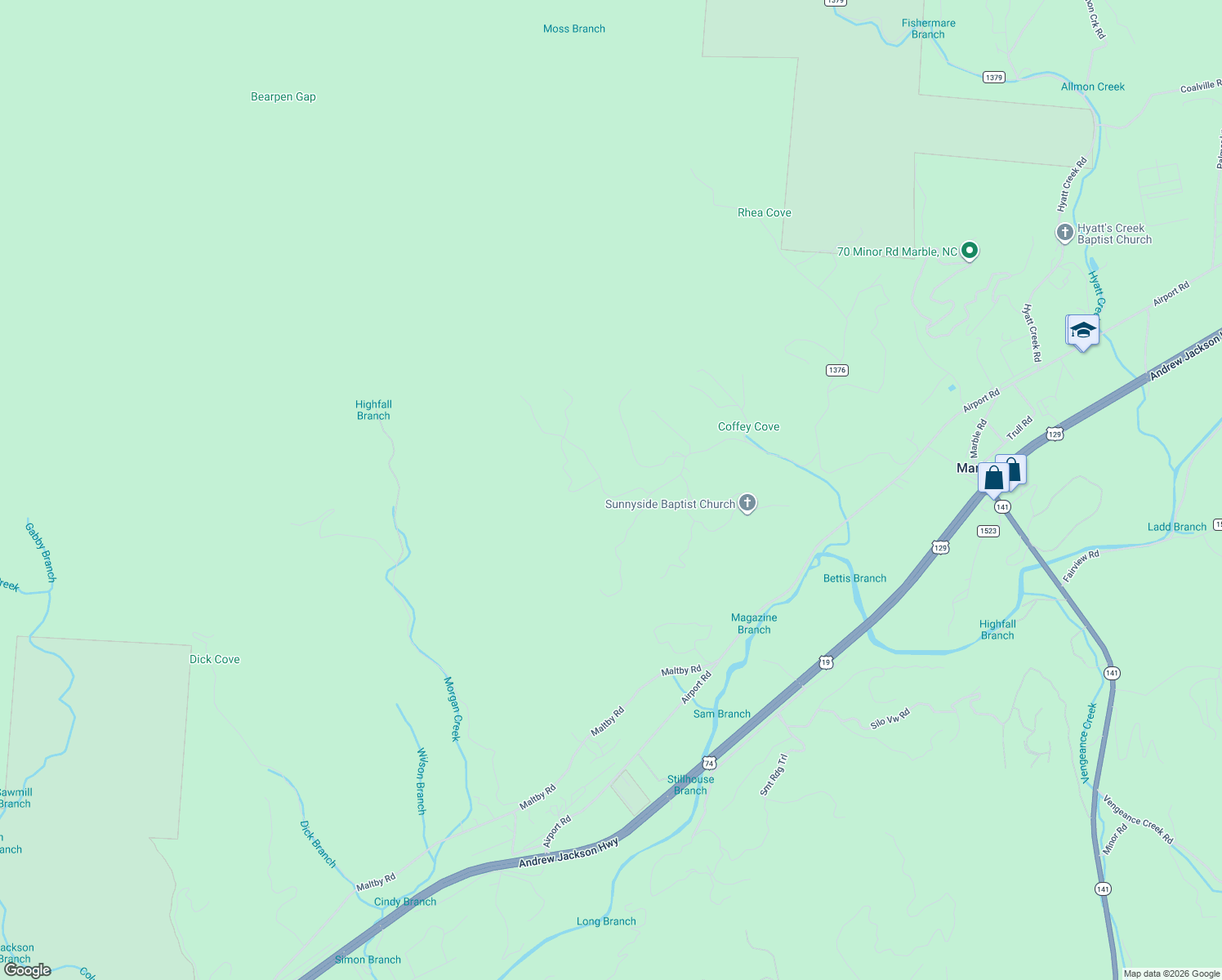 map of restaurants, bars, coffee shops, grocery stores, and more near 1050 Bluff Road in Marble