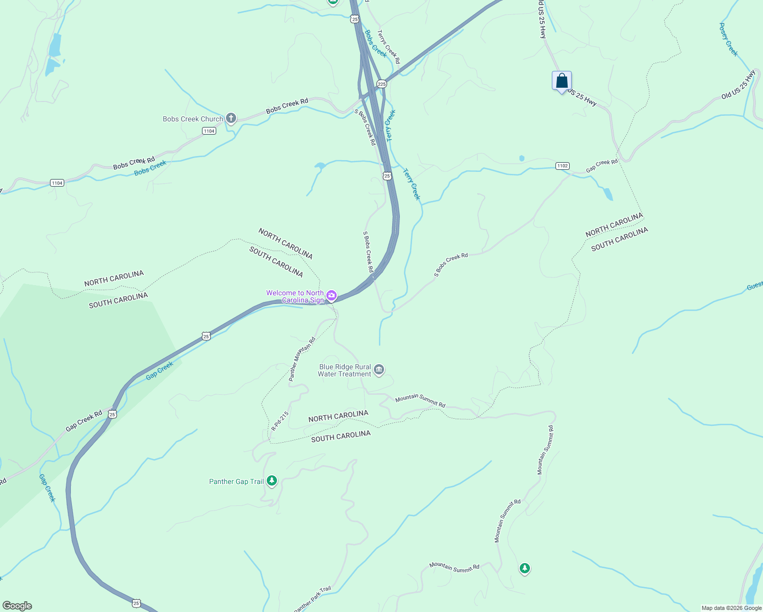 map of restaurants, bars, coffee shops, grocery stores, and more near 1298 South Bobs Creek Road in Zirconia