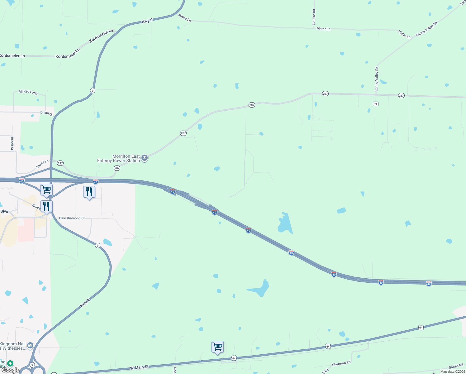 map of restaurants, bars, coffee shops, grocery stores, and more near 21 Spires Road in Morrilton