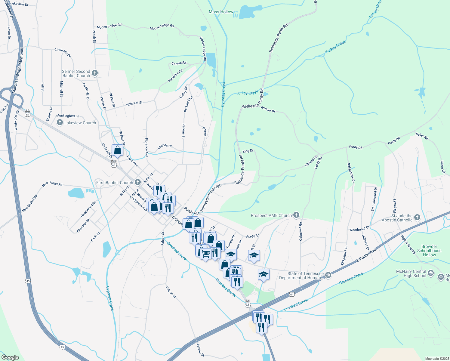 map of restaurants, bars, coffee shops, grocery stores, and more near 324 Bethesda-Purdy Road in Selmer