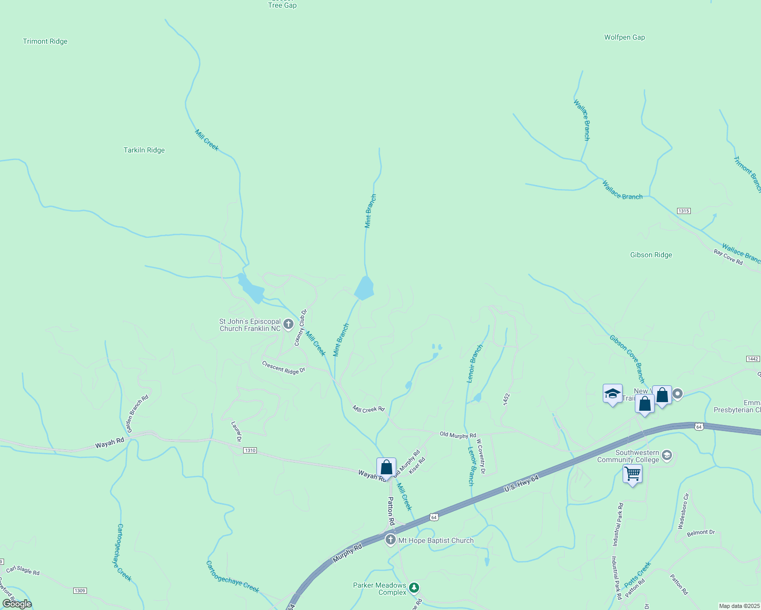map of restaurants, bars, coffee shops, grocery stores, and more near 1072 Mill Creek Road in Franklin