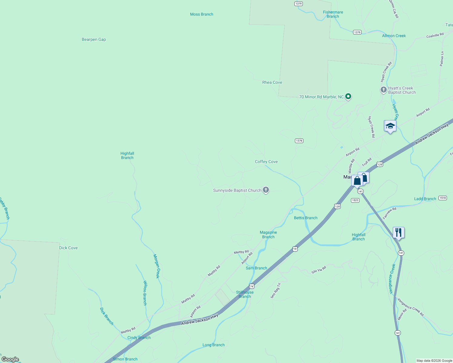 map of restaurants, bars, coffee shops, grocery stores, and more near 1050 Bluff Road in Marble