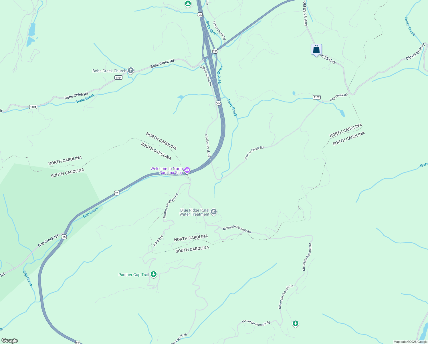 map of restaurants, bars, coffee shops, grocery stores, and more near 1298 South Bobs Creek Road in Zirconia