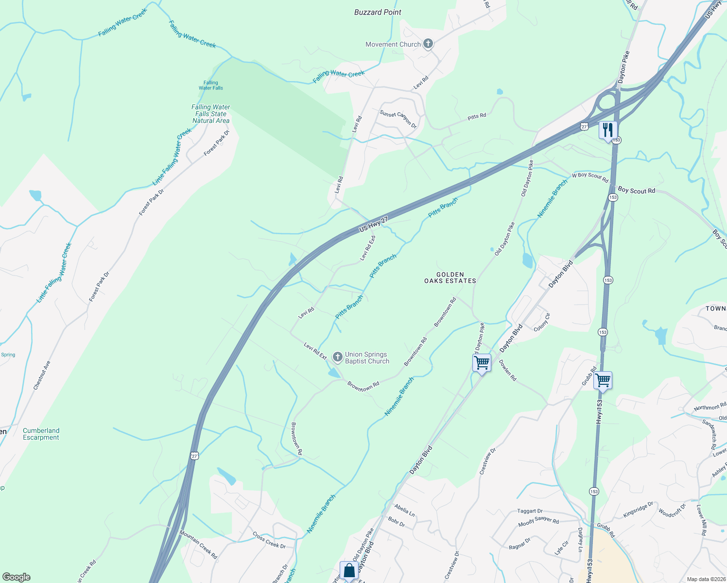 map of restaurants, bars, coffee shops, grocery stores, and more near 6070 Levi Road in Chattanooga