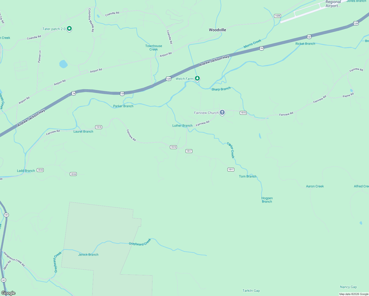 map of restaurants, bars, coffee shops, grocery stores, and more near 20 Rushing Creek Trail in Andrews