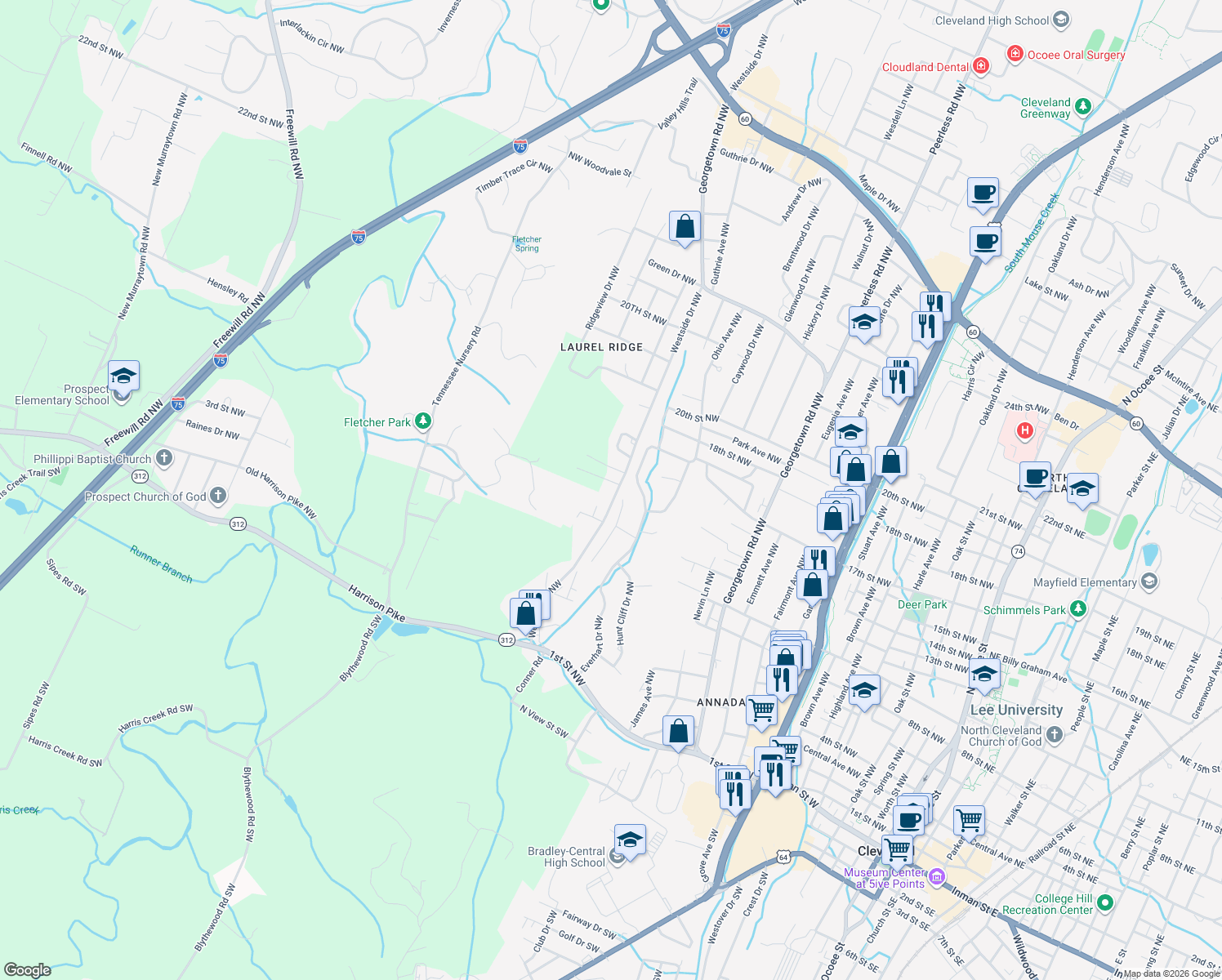 map of restaurants, bars, coffee shops, grocery stores, and more near 1035 Westside Dr NW in Cleveland