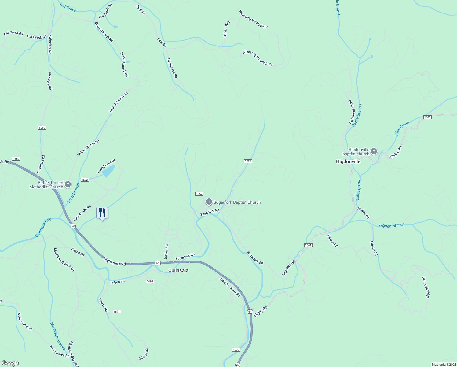 map of restaurants, bars, coffee shops, grocery stores, and more near Sugarfork Road in Macon County