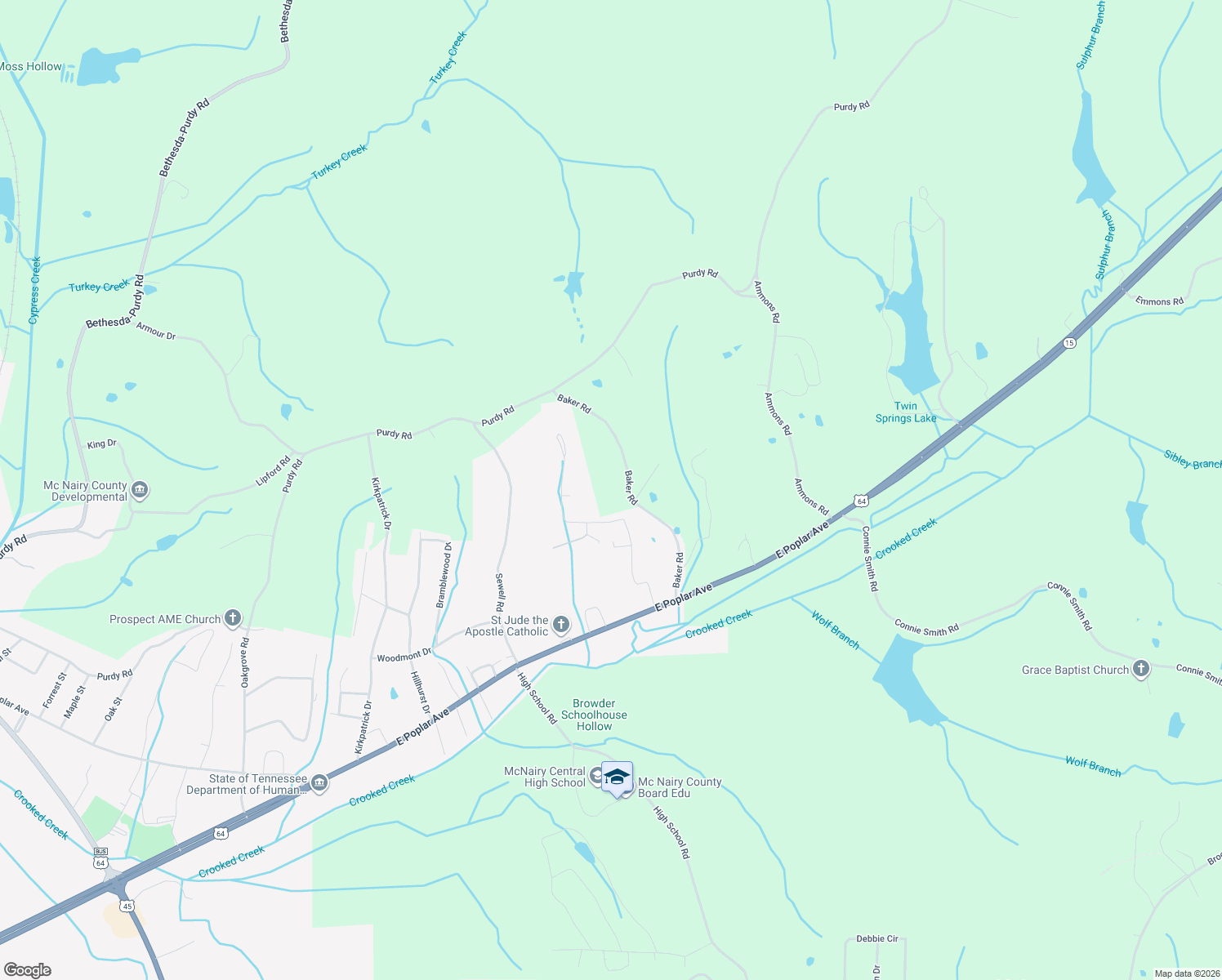 map of restaurants, bars, coffee shops, grocery stores, and more near 380 Baker Road in Selmer