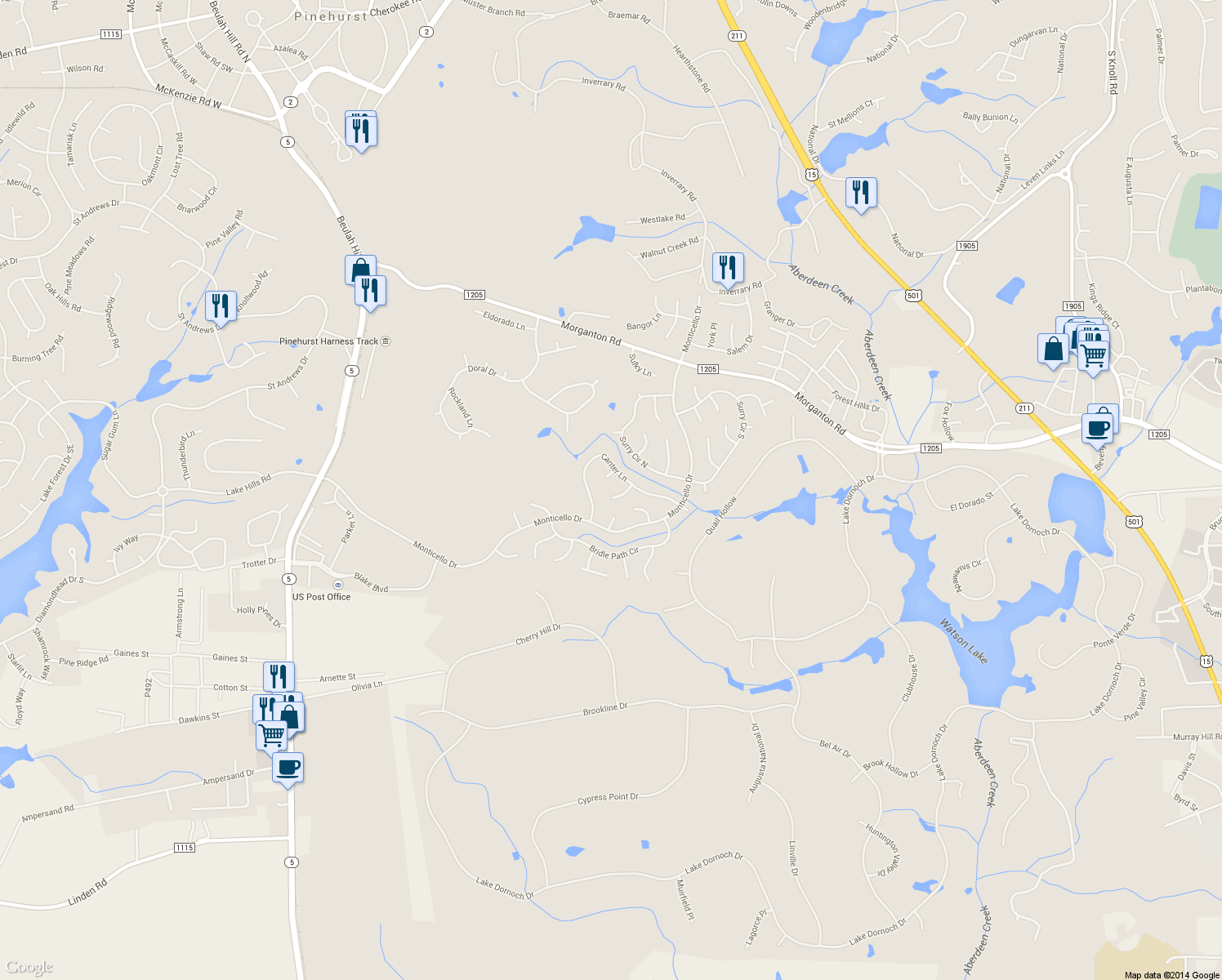 map of restaurants, bars, coffee shops, grocery stores, and more near 5 Canter Place in Pinehurst