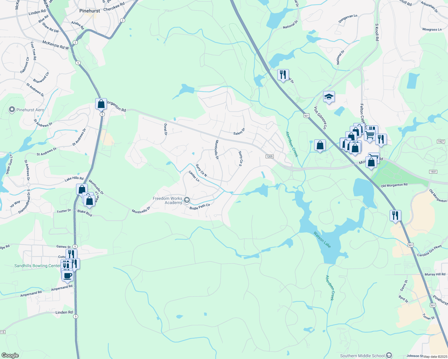 map of restaurants, bars, coffee shops, grocery stores, and more near 3 Surry Circle South in Pinehurst