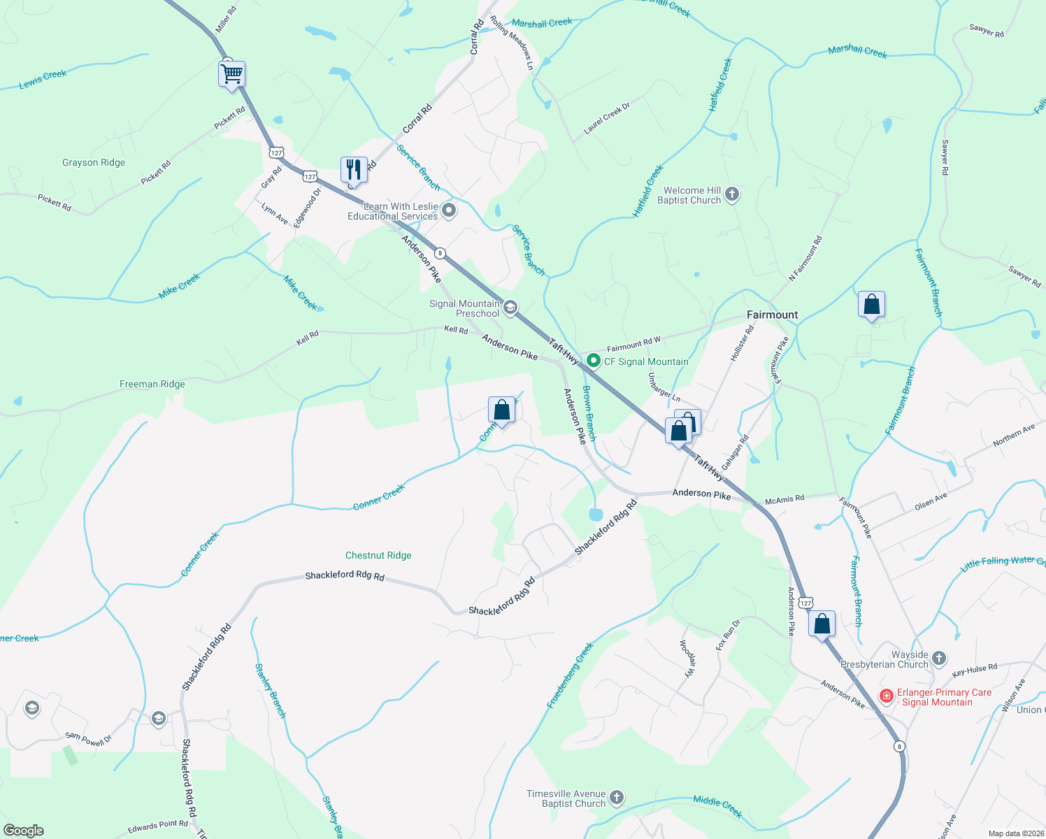map of restaurants, bars, coffee shops, grocery stores, and more near 2317 Covington Cove Lane in Signal Mountain