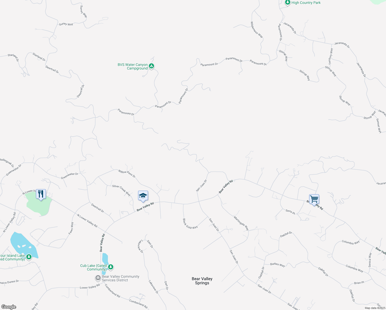 map of restaurants, bars, coffee shops, grocery stores, and more near 24409 San Juan Drive in Tehachapi