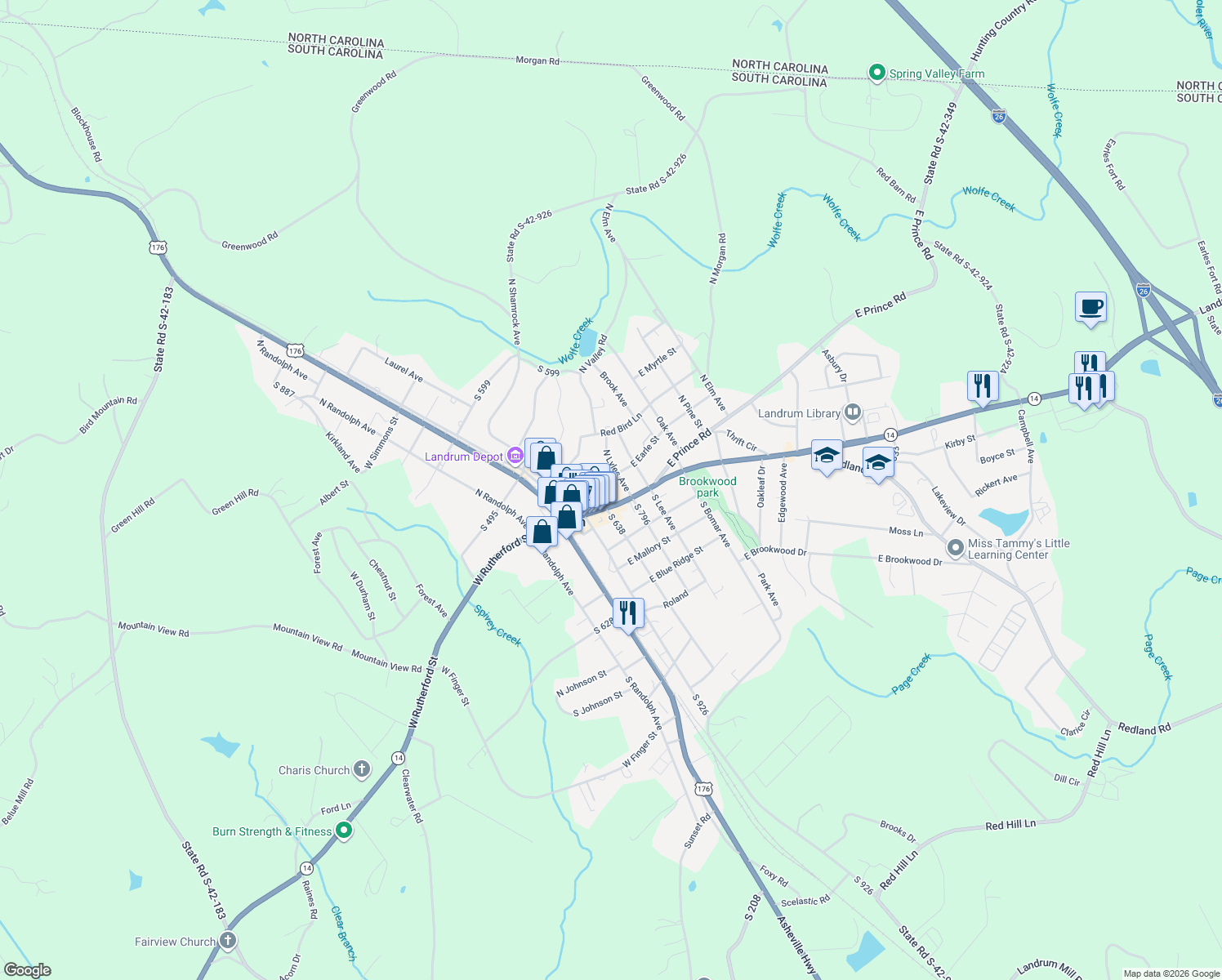 map of restaurants, bars, coffee shops, grocery stores, and more near 303 East Rutherford Street in Landrum