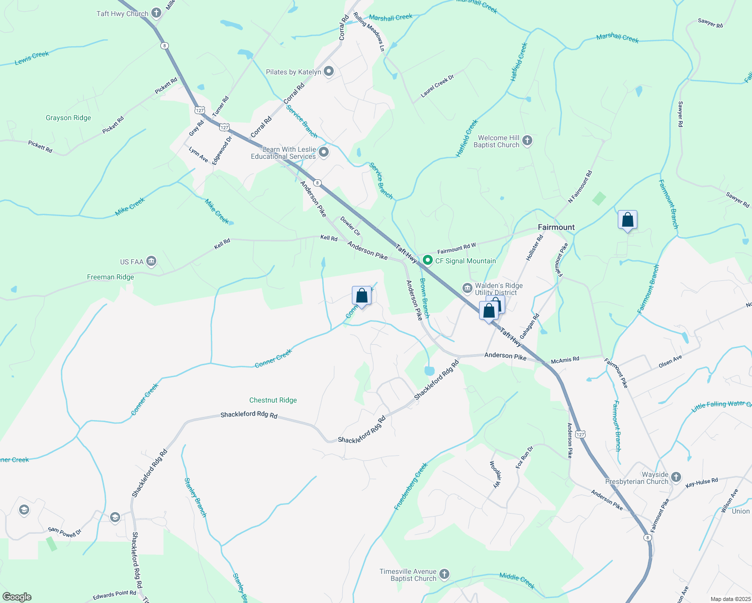 map of restaurants, bars, coffee shops, grocery stores, and more near 2317 Covington Cove Lane in Signal Mountain