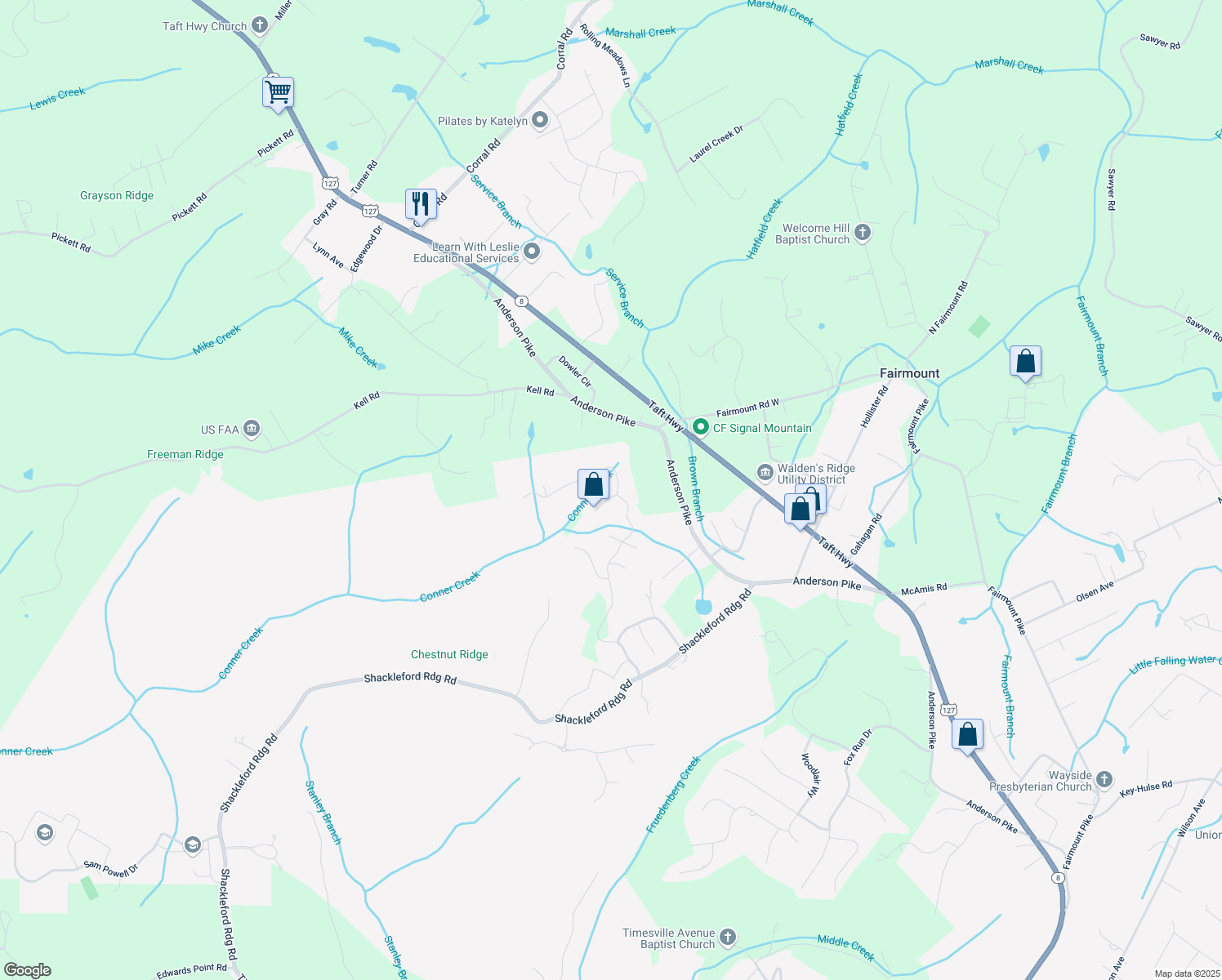 map of restaurants, bars, coffee shops, grocery stores, and more near 2317 Covington Cove Lane in Signal Mountain