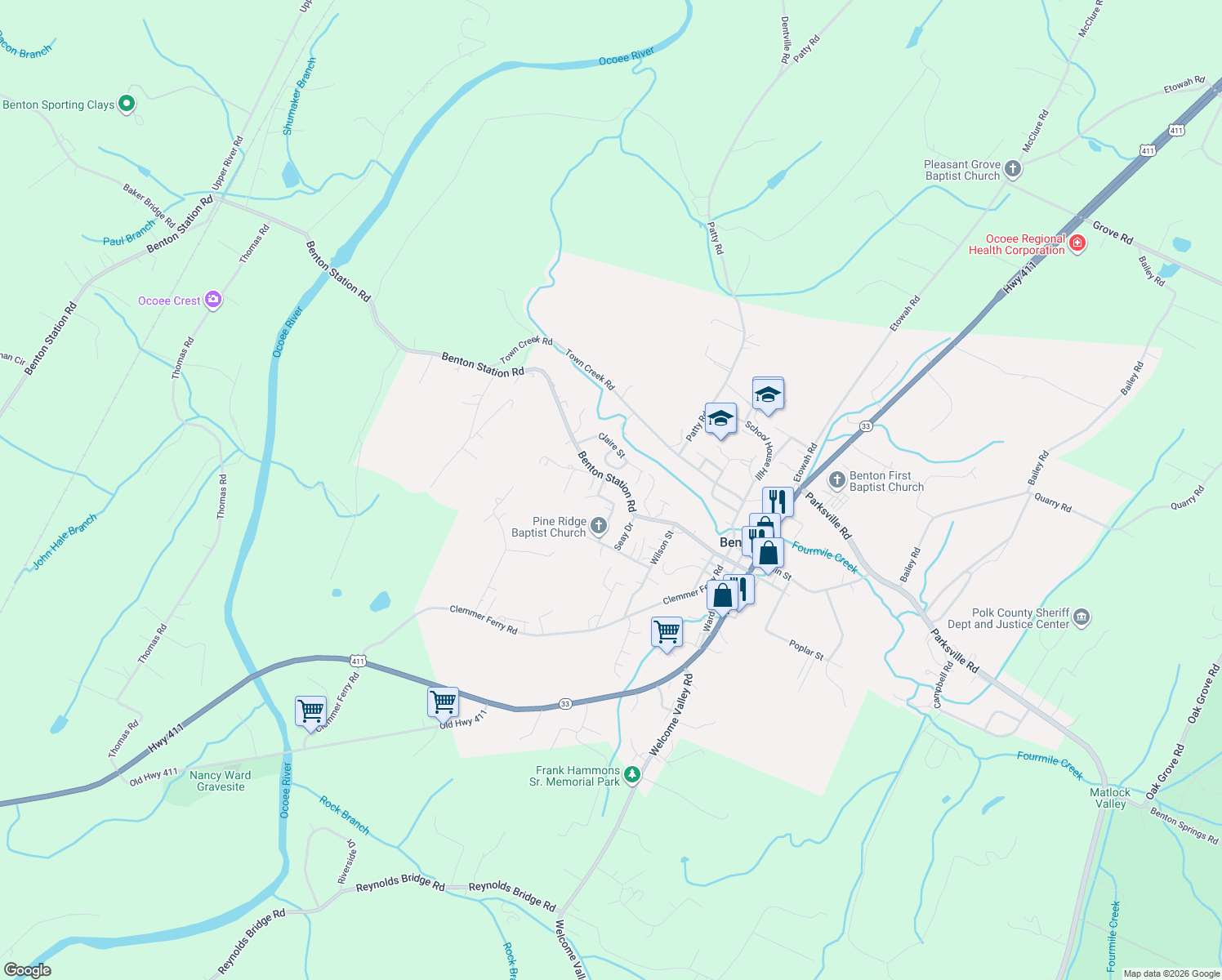 map of restaurants, bars, coffee shops, grocery stores, and more near 1642 Benton Station Rd in Benton