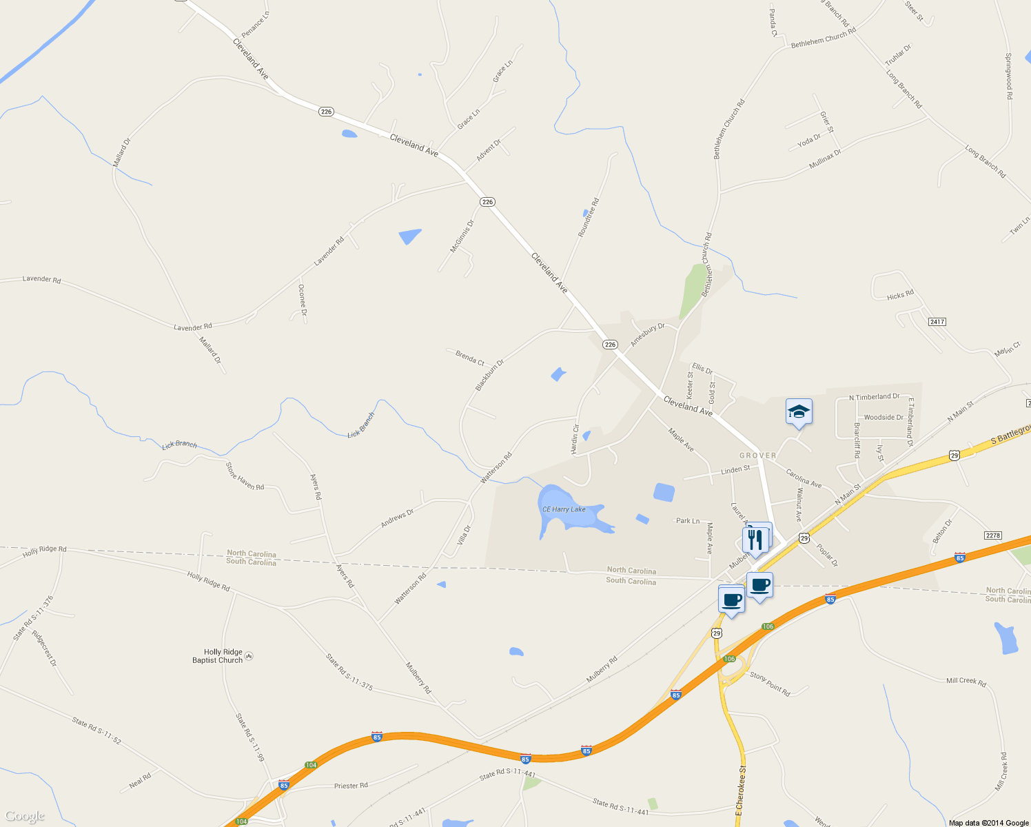 map of restaurants, bars, coffee shops, grocery stores, and more near 111 Red Bird Court in Grover