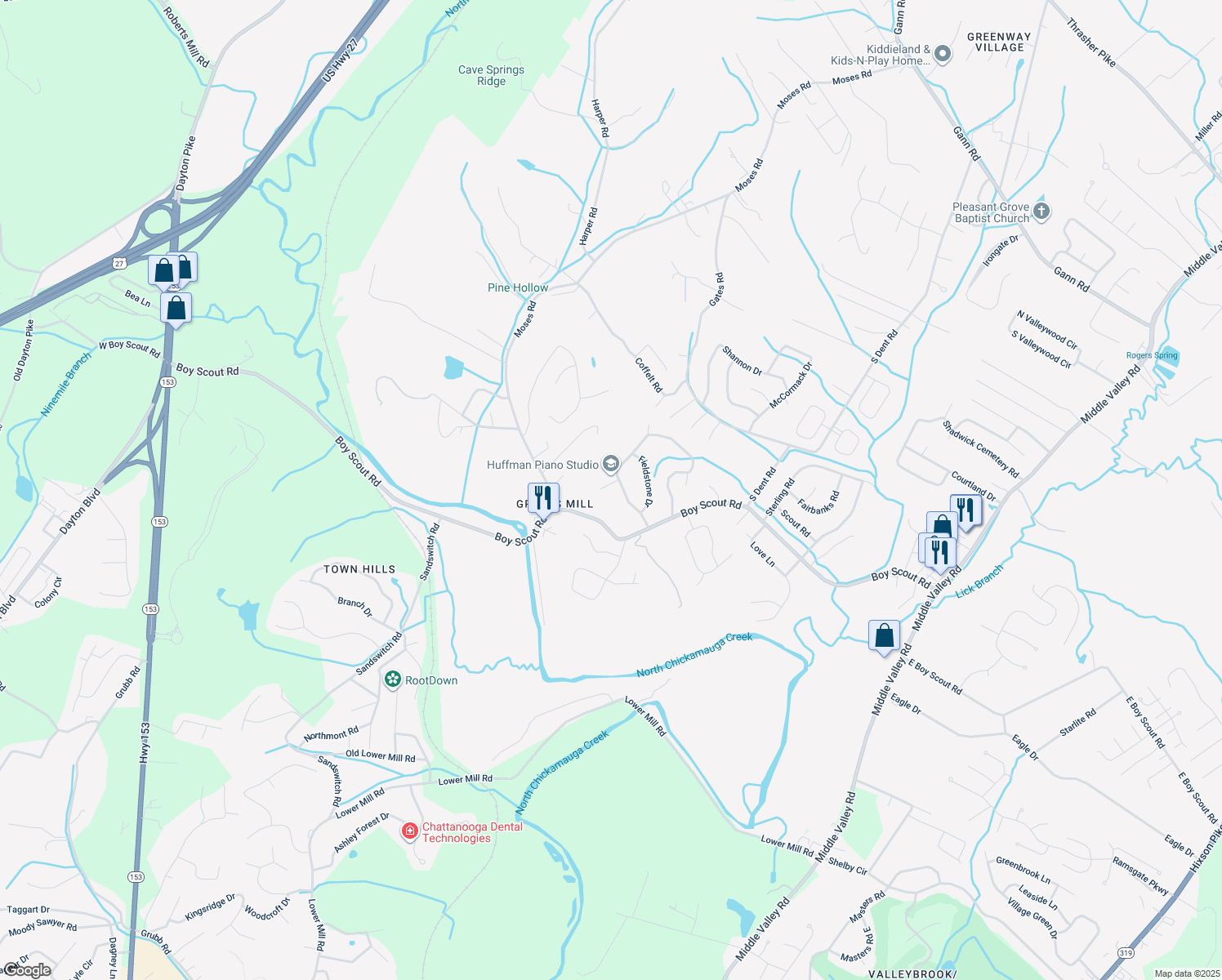 map of restaurants, bars, coffee shops, grocery stores, and more near 1006 Woodfield Lane in Hixson