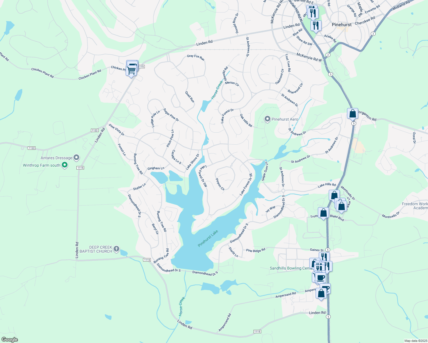 map of restaurants, bars, coffee shops, grocery stores, and more near 235 Pinyon Circle in Pinehurst