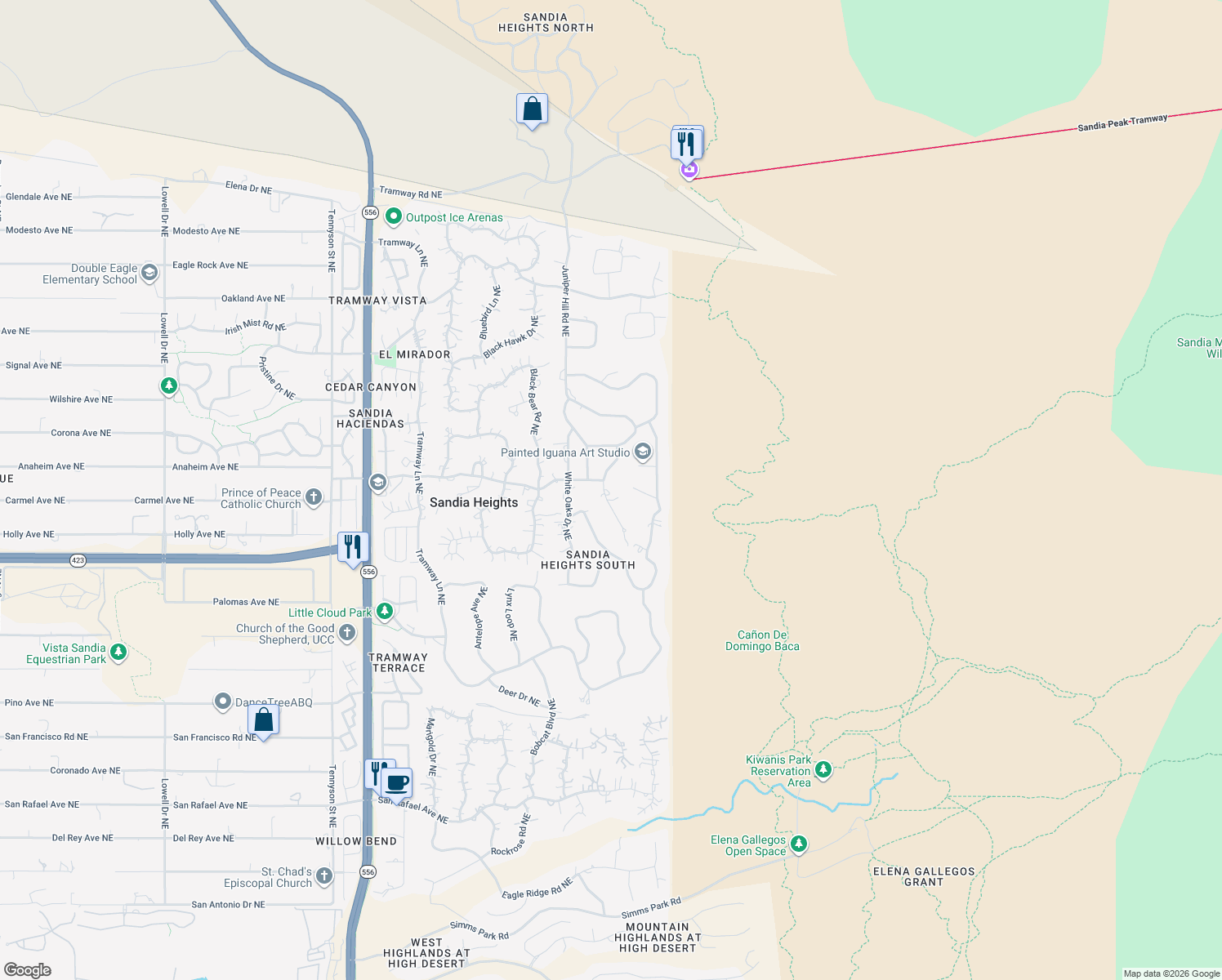 map of restaurants, bars, coffee shops, grocery stores, and more near 303 Juniper Hill Road Northeast in Albuquerque