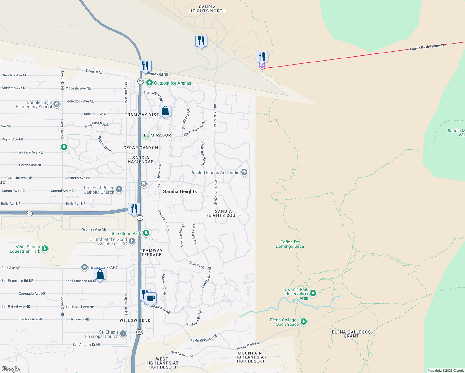 map of restaurants, bars, coffee shops, grocery stores, and more near 303 Juniper Hill Road Northeast in Albuquerque