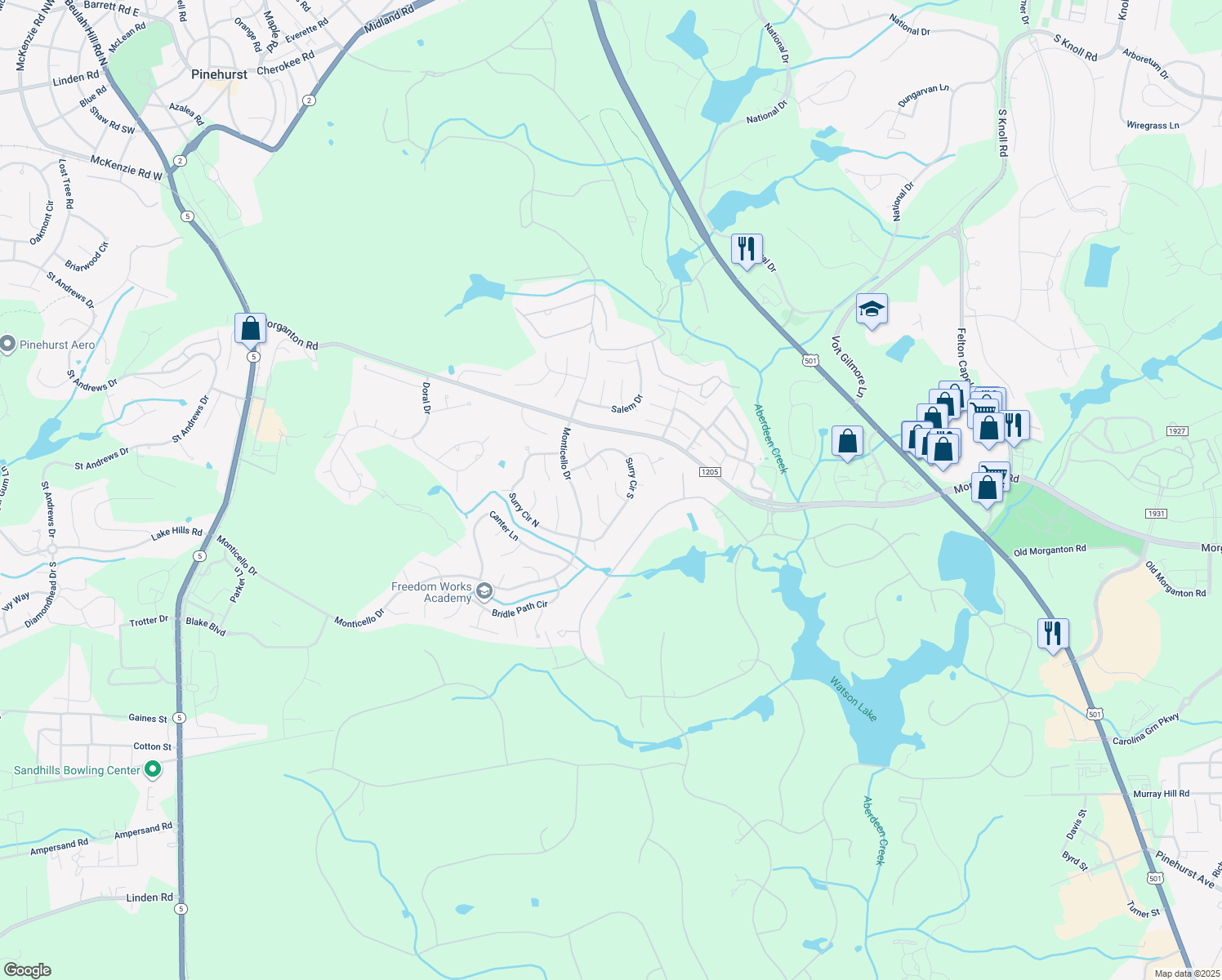 map of restaurants, bars, coffee shops, grocery stores, and more near 9 Stallion Pl in Pinehurst